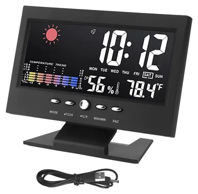 Image de Horloge prédictive de la météo, écran LED avec affichage couleur, alarme multifonctionnelle de température et d'humidité, couleur noire