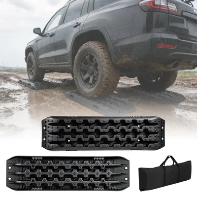 Produktbild von Vigevee Anfahrhilfe Auto 2er Set, Traktionsmatten für Reifen, Offroad Bergeboards aus PP für SUV Wohnmobil LKW, Sand Schlamm Schnee, Schwarz mit Tragetasche