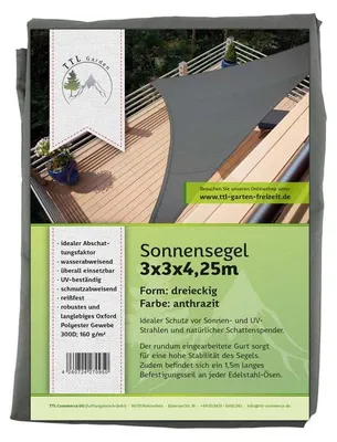 Produktbild von TTL GARDEN Sonnensegel Dreieck 3x3x4,25m rechtwinklig anthrazit Premium