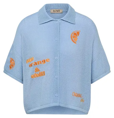 Produktbild von Hellblauer Baumwoll-Pullover mit Polokragen und Ajourstruktur, Größe 38
