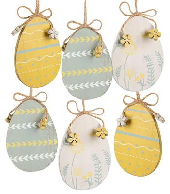 Produktbild von 6 große Ostereier Holz Eier zum Aufhängen 11 cm blau weiß gelb Ostern Osteranhänger