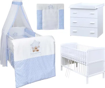 Produktbild von Baby-Delux Babyzimmer Babybett Wickelkommode Weiss Bettwäsche Komplett Set Twinkle Star Blau
