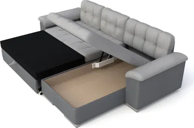 A sectional sofa with its bed mechanism extended, revealing storage space.