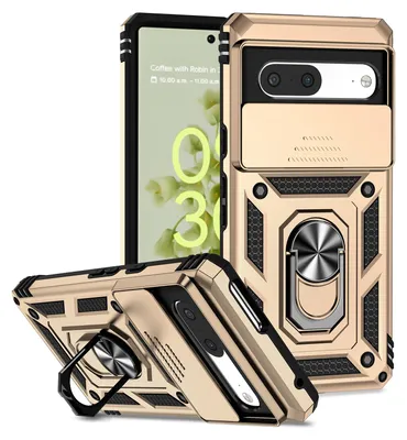 Produktbild von Google Pixel 7 Pro Hülle mit Schiebe Kamera Schutz und Ringhalter Ständer Robust Rüstung Schutzhülle für Google Pixel 7 Pro Gold