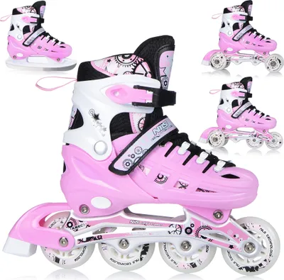 A collage of pink inline skates and ice skates, showing different configurations.