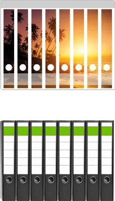 Produktbild von Wallario 8 Stück schmale Ordner inkl. Klebeetiketten mit Motive Kokospalmen am Abend - Sonnenuntergang in Sri Lanka -  Set mit Rückenschildern / Ordnerrücken Stickern