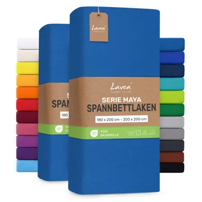 Produktbild von Lavea® 2er Pack Jersey Spannbettlaken 180/200x200 cm, 100% Baumwolle – Weiches Bettlaken für Matratzen bis 20 cm Höhe – Aquamarin