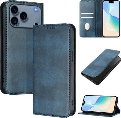 Immagine prodotto di Custodia per iPhone 17 Pro, custodia in pelle vintage con protezione RFID, slot per carte, supporto Blu