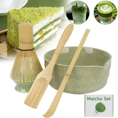 Image de Ensemble matcha comprenant un fouet, une cuillère et un bol – Set de thé japonais – 5 pièces – Céramique – Vert