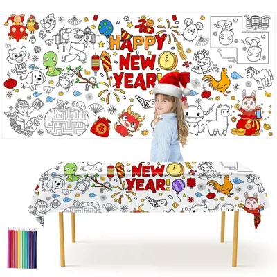 Immagine prodotto di Tovaglia per bambini per Capodanno, dimensioni 183x90 cm, con 18 matite colorate