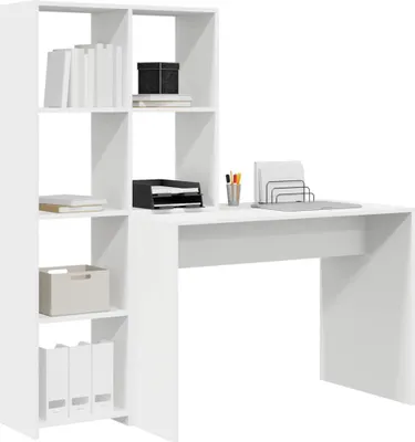 A white desk with a bookshelf unit attached.