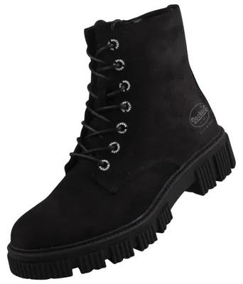 Der schwarze Stiefel zeigt die rechte Seite Das Modell ist glatt und hat eine dicke Sohle