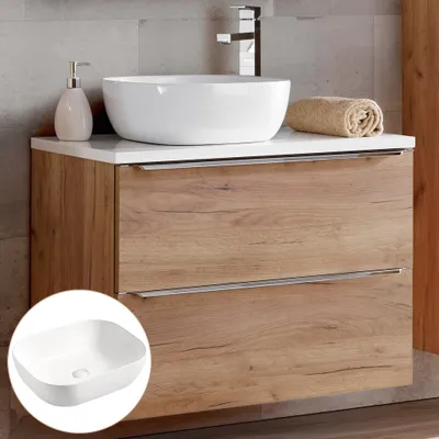 Produktbild von Waschtisch-Unterschrank 80cm mit 50cm Keramikbecken TOSKANA-56, in Wotaneiche & Hochglanz weiß, B/H/T ca. 81/74,5/46 cm