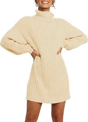 Produktbild von ASKSA Damen Rollkragen Pulloverkleid Einfarbig Laterne Ärmel Tunika Lange Winter Strickkleid, Beige, M