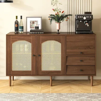 Immagine prodotto di Credenza in rattan con 3 cassetti, 2 ante, gambe in legno, stile boho, dimensioni 130x40x75,5 cm