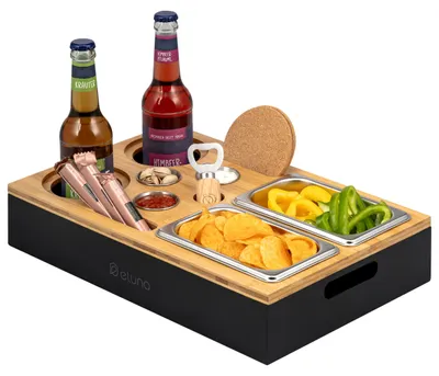 Produktbild von eluno Couchbar, Serviertablett, Sofatablett aus Bambus mit Edelstahl Snackschalen inklusive Getränkehalter, schwarz