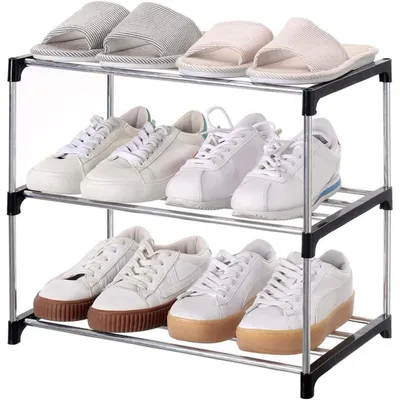 Immagine prodotto di Scaffale per scarpe a 3 ripiani, impilabile, in plastica/tubo zincato, colore nero, dimensioni 44x26x39,4 cm