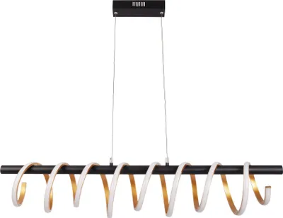 A modern LED pendant light with a black bar and spiraling white and gold accents, suspended by thin wires against a white background.
