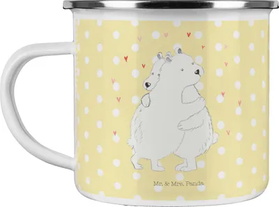 Produktbild von Mr. & Mrs. Panda Campingbecher Eisbär Umarmen - Gelb Pastell - Geschenk, Lustige Sprüche, Emaille Tasse, Teetasse, Pott, Blechtasse, Kaffeepott, Haferl