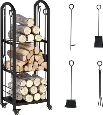 Produktbild von GOPLUS Kaminholzregal mit Rollen, 3-stufiger Brennholzregal mit 4 Kaminwerkzeug, Kaminholzständer Metall bis 60 kg belastbar, Holzlager für Kamin