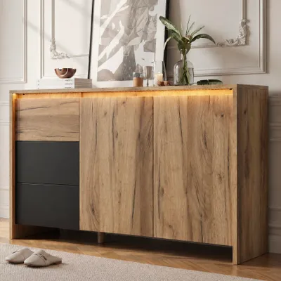 Produktbild von Sideboard Küchenschrank Kommode mit 3 Schubladen 2 Türen LED-Lichteffekten 120x40x76 cm Holzfarbe Schwarz