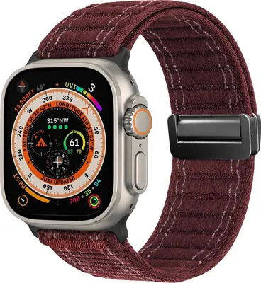 Produktbild von Smartwatch Armband für Apple Watch Ultra 3 49mm Nylon Textil Band Ersatzband Wechselband Magnetverschluss flexibel atmungsaktiv Rot Weinrot