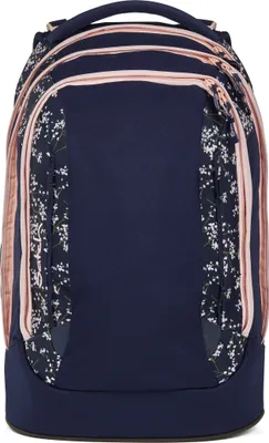 A front view of a navy blue backpack with a floral pattern and pink trim.