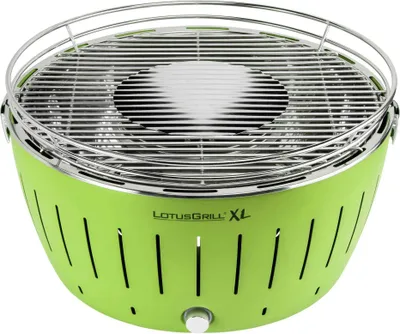 A green charcoal grill on a white background.