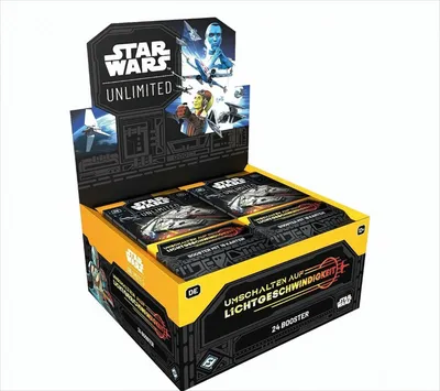 A display box of Star Wars: Unlimited trading card game booster packs.