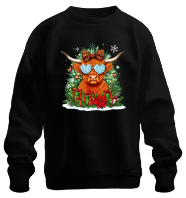 Productafbeelding van Highland Kuh Kerstmis Hart Zonnebril Lint Grappig Retro Uni Sweater, Zwart, Maat S