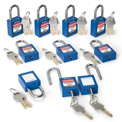 Immagine prodotto di Lucchetto di sicurezza da 38 mm, colore blu scuro, confezione da 10 pezzi, per sistemi di lockout/tagout