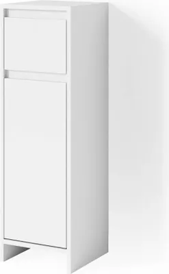A white cabinet with two doors, one above the other, is shown against a white background.