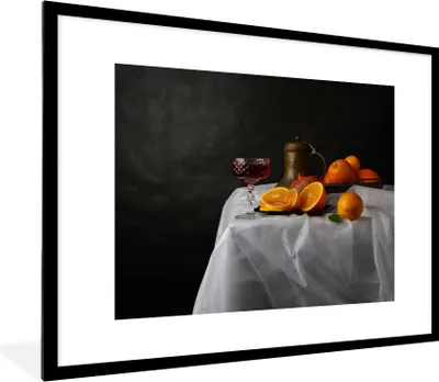 Produktbild von MuchoWow® MuchoWow® Gerahmtes Poster Stilleben - Mandarinen - Wein 80x60 cm - Poster mit zchwarzem Bilderrahmen - Schlafzimmer-Dekorationen - Fotoposter