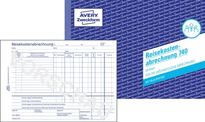 A product shot featuring two Avery Zweckform items: a travel expense form and a product cover/packaging.