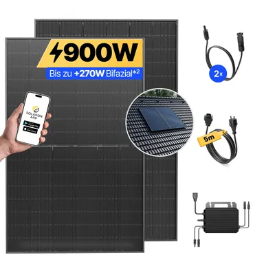 Produktbild von Balkonkraftwerk 900W Solaranlage mit Ziegeldach Halterung (Paarmontage) Steckerfertig Komplettset Photovoltaik Anlage 800W, Kabellänge: 5m, Solakon