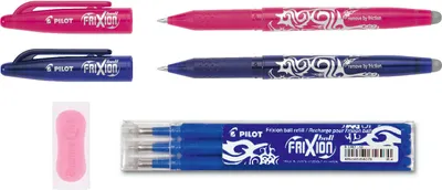 Produktbild von Pilot Frixion Ball blau und pink 3 Ersatzminen blau und gratis Radierer pink