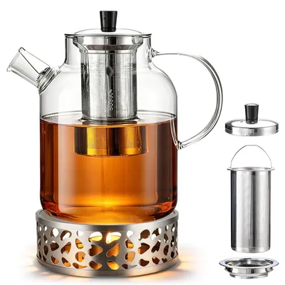 Productafbeelding van Glazen theepot 1,8 l met roestvrijstalen filter en theeverwarmer