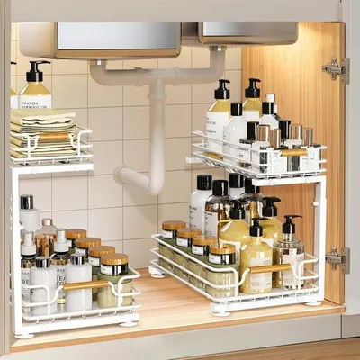 Produktbild von Famanu Organizer für Spülschrank – 2-stufig, höhenverstellbar, aus Metall – Weiß