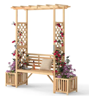 Image de Banc de jardin en arc - Banc de jardin avec pergola - Banc d'extérieur en bois - Treillis pour plantes grimpantes - Banc avec jardinière intégrée - Banc en bois pour deux personnes