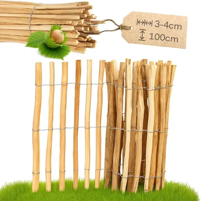 Produktbild von pineea Gartenzaun Staketenzaun, Haselnuss, 3–4 cm, 100 cm hoch, 5 m lang, wetterfest, flexible Struktur für gerade & runde Aufstellung, einfache Montage, für Garten, Pflanzenschutz & Deko