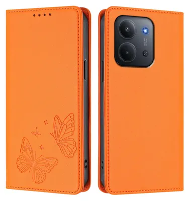Obrázek produktu pro Kožené pouzdro pro Xiaomi Redmi 15C 5G/4G, motýlí ražbou, peněženkové flip pouzdro se stojánkem Oranžová