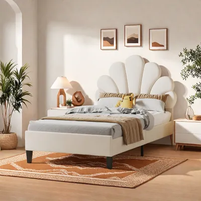 Image de ProximaX Lit simple en velours beige avec tête fleurie pour adultes et enfants (90 x 200 cm)