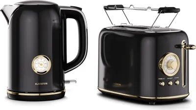 A black electric kettle and a black toaster with gold accents are displayed side-by-side against a white background.