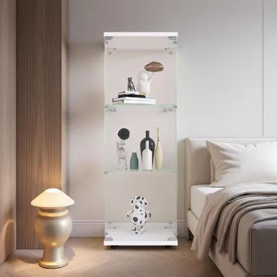Obrázek produktu pro Skleněná vitrína INONEFT se zámkem, jednodvéřová, 3 patra, skleněná vitrína, vhodná do obývacího pokoje, ložnice nebo kanceláře, rozměry 42×36×125 cm, bílá barva