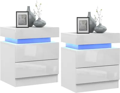 Produktbild von 2x LED Nachttisch,Weiß Hochglanz Nachtkommode mit 2 Schubladen und 16 Farben Beleuchtung,Beistelltisch Kommode für Schlafzimmer 35x40x55cm