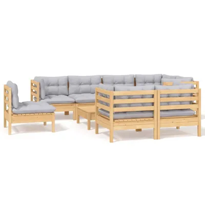 Immagine prodotto di set 9 pezzi da giardino con cuscini grigi in legno di pino massiccio