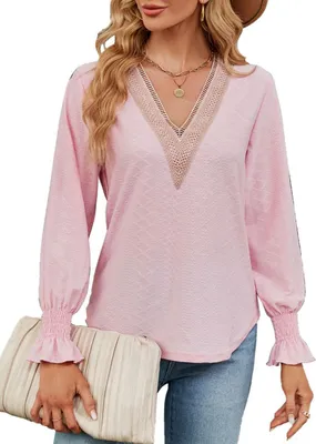 Image de ASKSA Femme Dentelle Col V Chemise Casual T-Shirts Elégant Chemise Manches Longues Tunique Tops, Rose Clair, XL