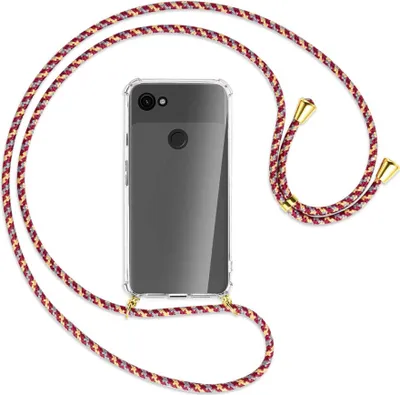 Produktbild von Handykette Backcover-Schutzhülle mit Band (Metall goldfarben) für Google Pixel 3a XL - weinrot/gelb/grau