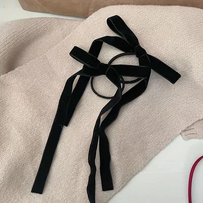 Produktbild von Samt-Haargummis für Damen mit Schleife und Quaste, einfarbig, retro, minimalistisch und elegant im Ballett-Stil, für den täglichen Gebrauch und den Valentinstag, Schwarz, 2 Stück