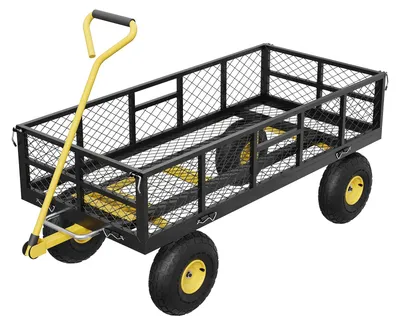Immagine prodotto di Carrello da giardino - Carrello in acciaio - Nuovo - Capacità di carico: 408 kg - Maniglia pieghevole - Pneumatici da 25,4 cm - Pareti laterali rimovibili - Colore: nero/giallo